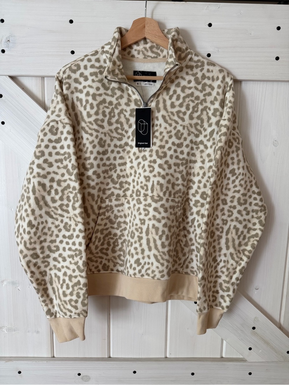 Original Use Beige Leopard-Print Half-Zip Pullover